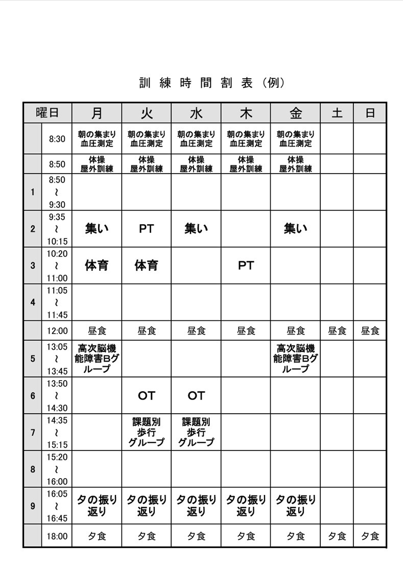 肢体部門　訓練時間割の一例